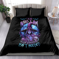 Black witch skull bedding set with purple graphic on duvet and two matching pillows