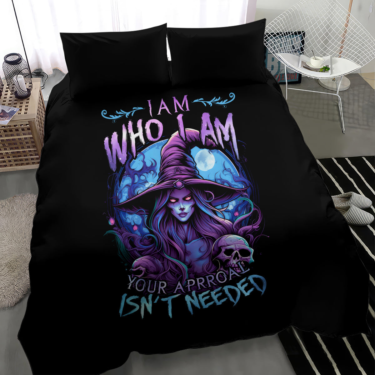 Black bedding set with witch and skull design, two pillows, shown on bed