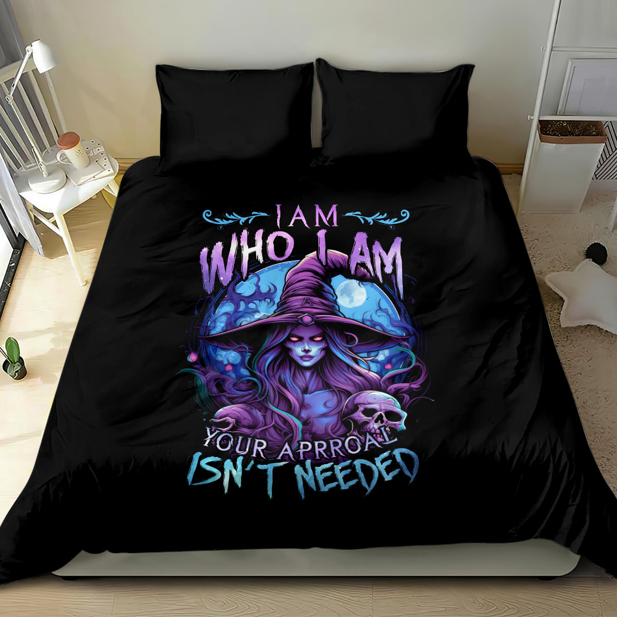 Black witch skull bedding set with purple witch illustration and two pillows