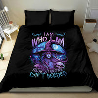Black witch skull bedding set with purple witch illustration and two pillows