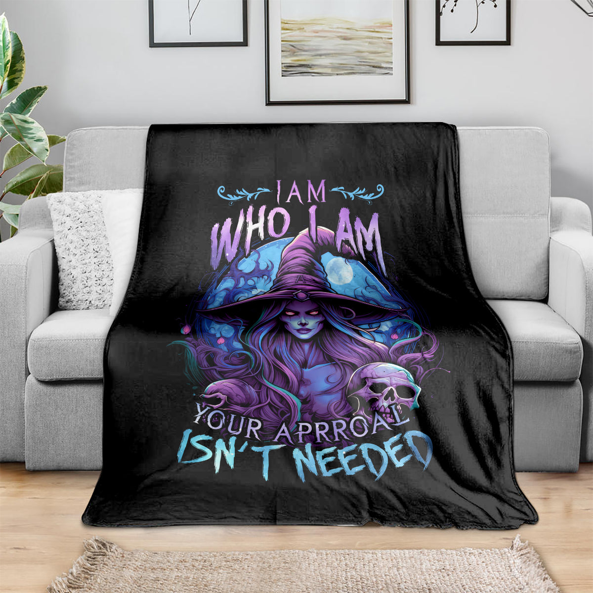 Black blanket with purple witch, blue flames, skull and slogan graphic
