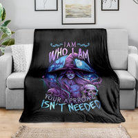 Black blanket with purple witch, blue flames, skull and slogan graphic