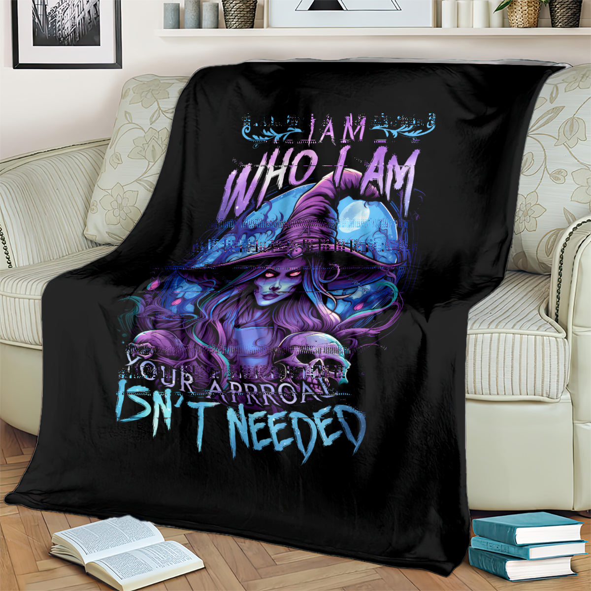 Black witch skull blanket with purple wizard portrait, blue flames, skull and slogan text