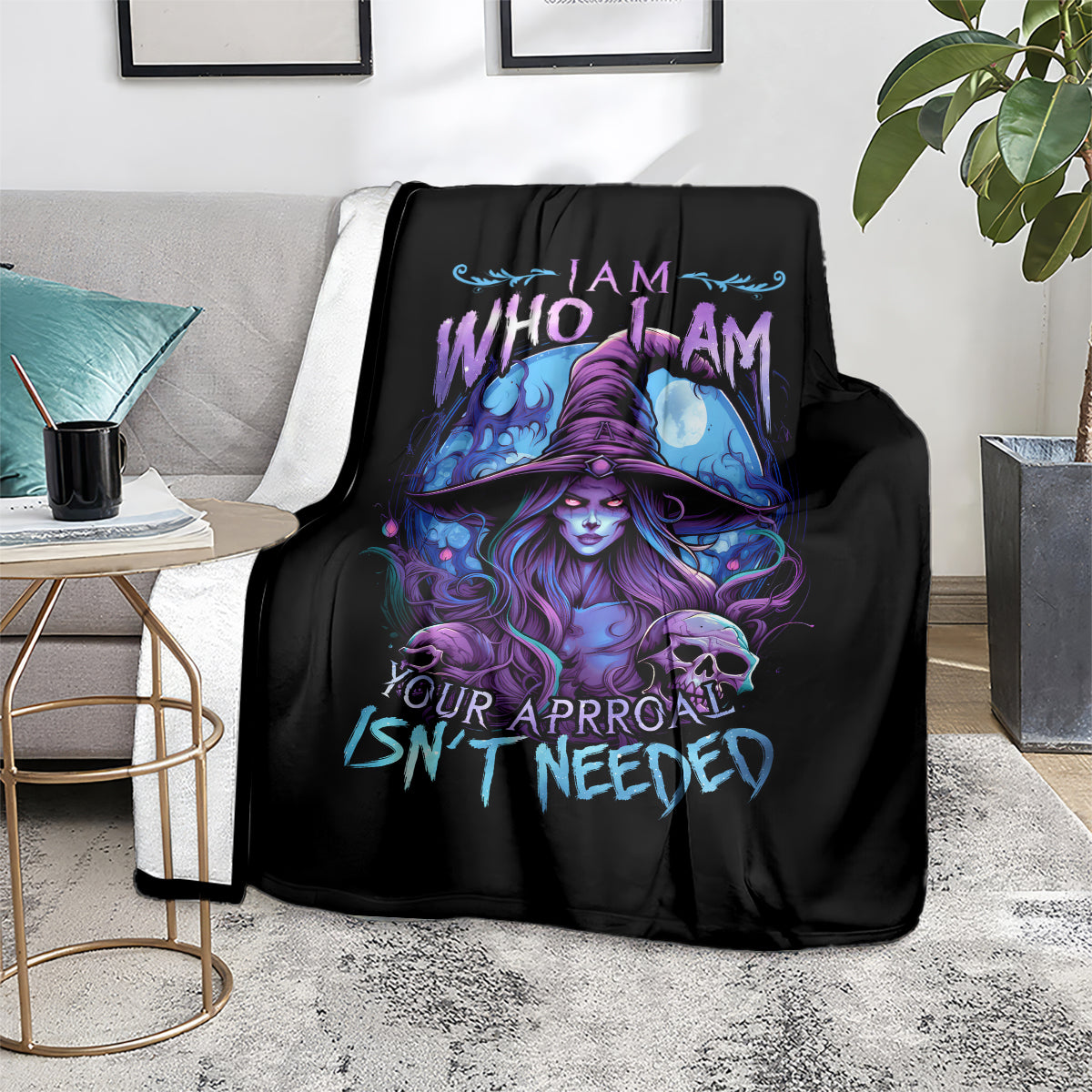 Black blanket with purple witch, blue flames and skull, colorful slogan graphic