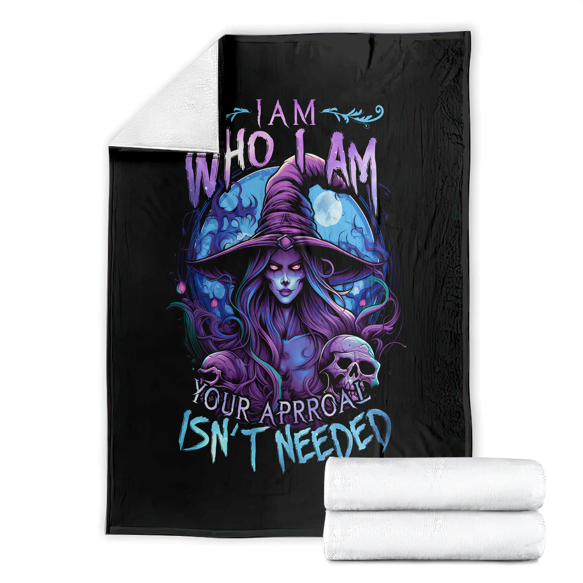 Black witch skull blanket with purple witch and skull, blue flames slogan graphic, folded
