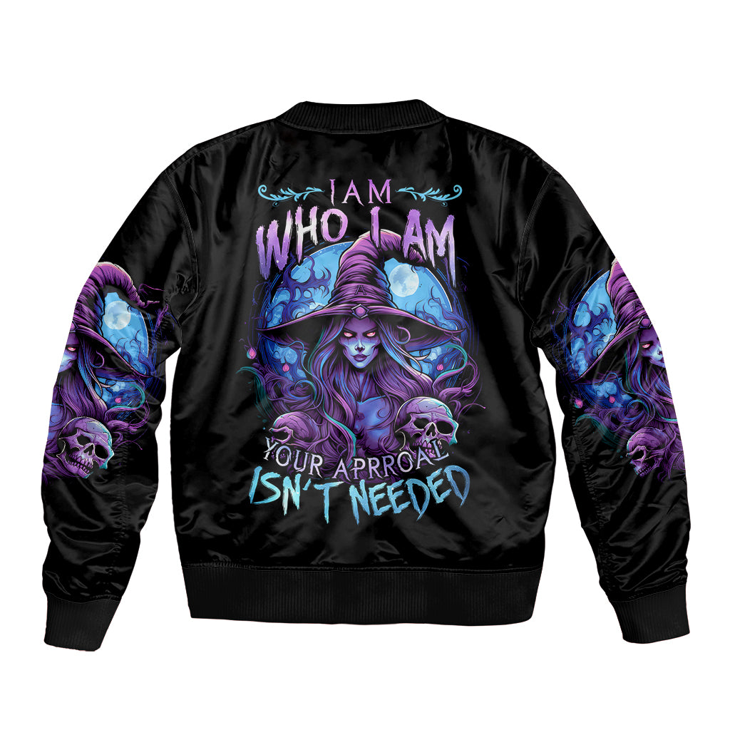 Black unisex bomber jacket with witch skull back graphic and ribbed collar, cuffs, hem