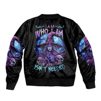 Black unisex bomber jacket with witch skull back graphic and ribbed collar, cuffs, hem