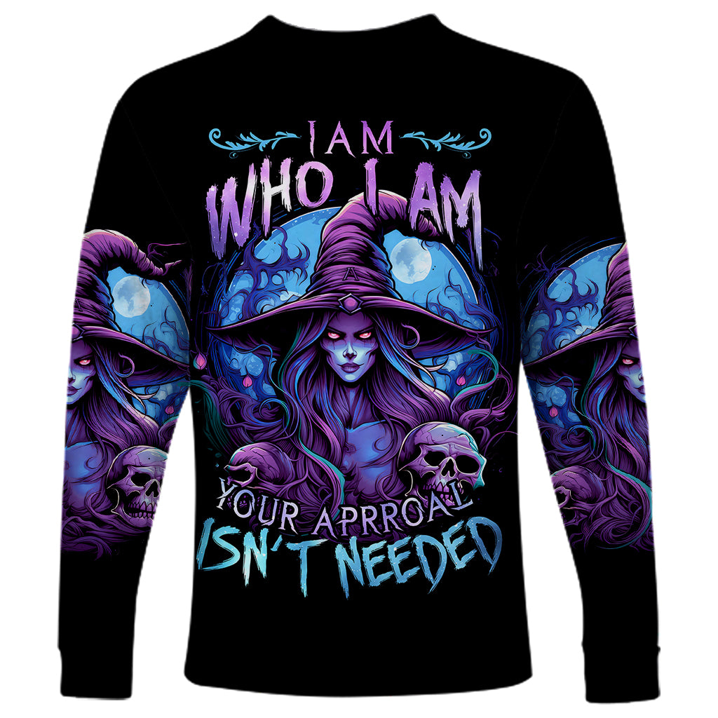 Unisex black long-sleeve shirt with witch skull graphic and purple/blue lettering