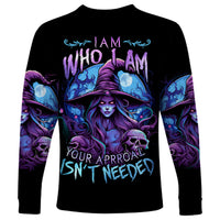 Unisex black long-sleeve shirt with witch skull graphic and purple/blue lettering