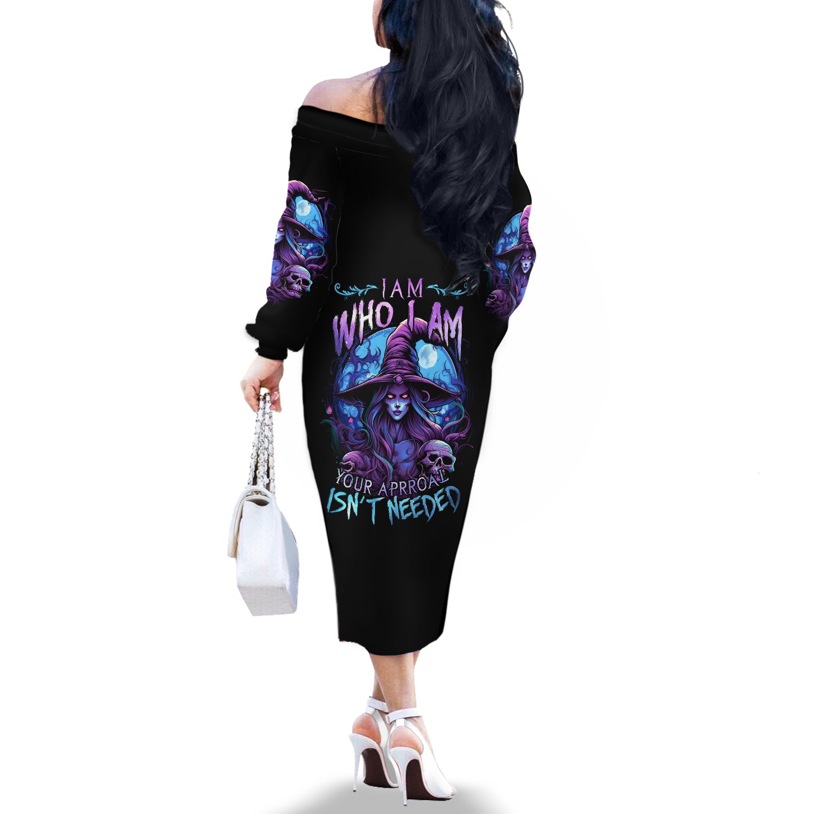 Witch Skull Off The Shoulder Long Sleeve Dress Iam Who Iam Your Approval Isn't Need - Wonder Print Shop