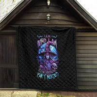 Black quilt blanket with quilted diamond pattern and centered purple-blue witch skull artwork