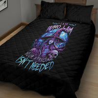 Black quilted bed set quilt with purple-blue witch skull graphic and dark text accents