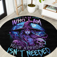 Black round rug with purple-blue witch portrait and skull, WHO I AM and YOUR APPROVAL text