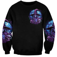 Black unisex sweatshirt with centered witch skull face graphic on front