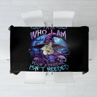 Black rectangular tablecloth featuring a purple witch skull and ornate lettering graphic