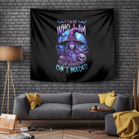 Black wall tapestry featuring a purple witch with hat, skull, and neon lettering