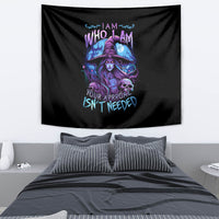 Black witch skull tapestry with purple wizard hat and stylized text center