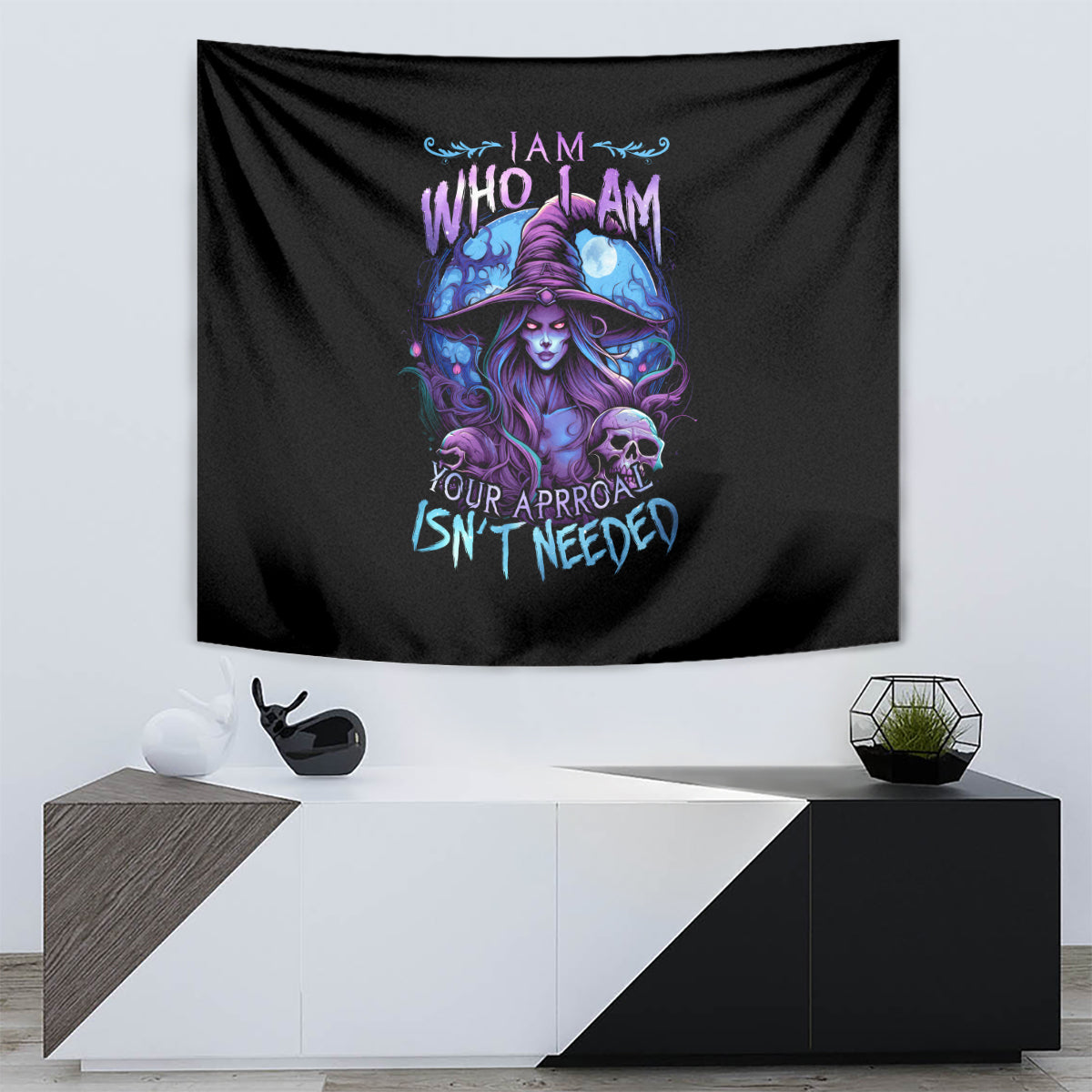 Black witch skull tapestry with purple witch illustration and phrase text