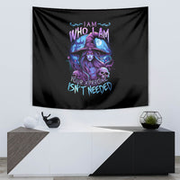 Black witch skull tapestry with purple witch illustration and phrase text