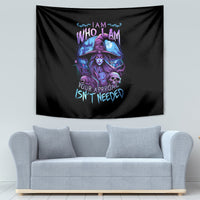 Black fabric tapestry showing purple witch in a pointed hat and skull graphic