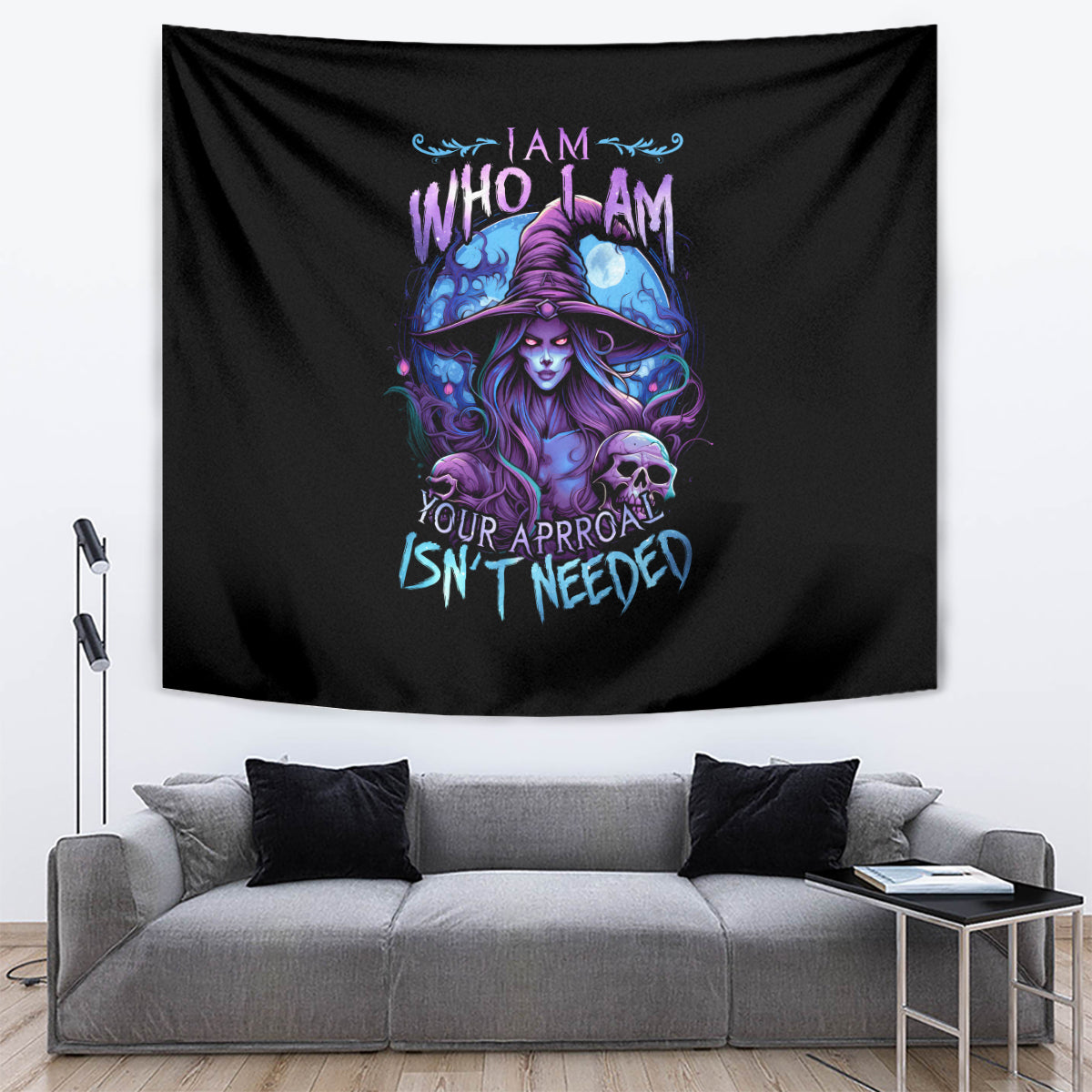 Black witch skull tapestry with purple sorceress, skull, and glowing slogan