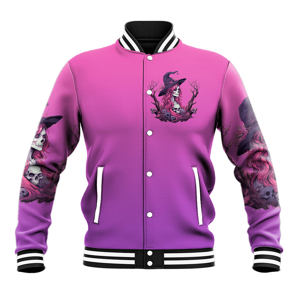 Pink baseball jacket with striped collar, button front, and witch skull chest graphic