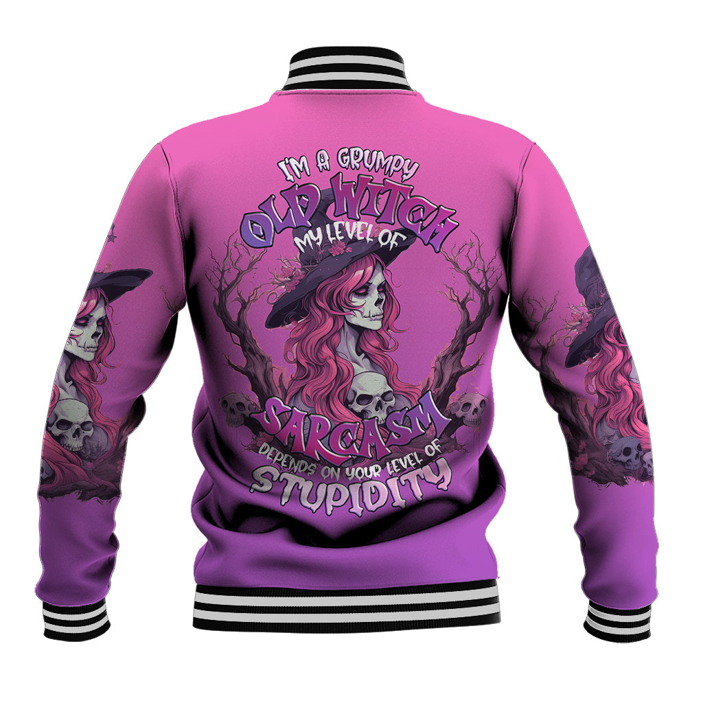 Pink baseball jacket with striped collar and back witch skull graphic