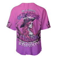 Pink baseball jersey with grumpy witch skull back graphic, short sleeves