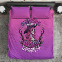 Purple duvet cover set with witch skull girl portrait graphic, zipper closure, pillowcases