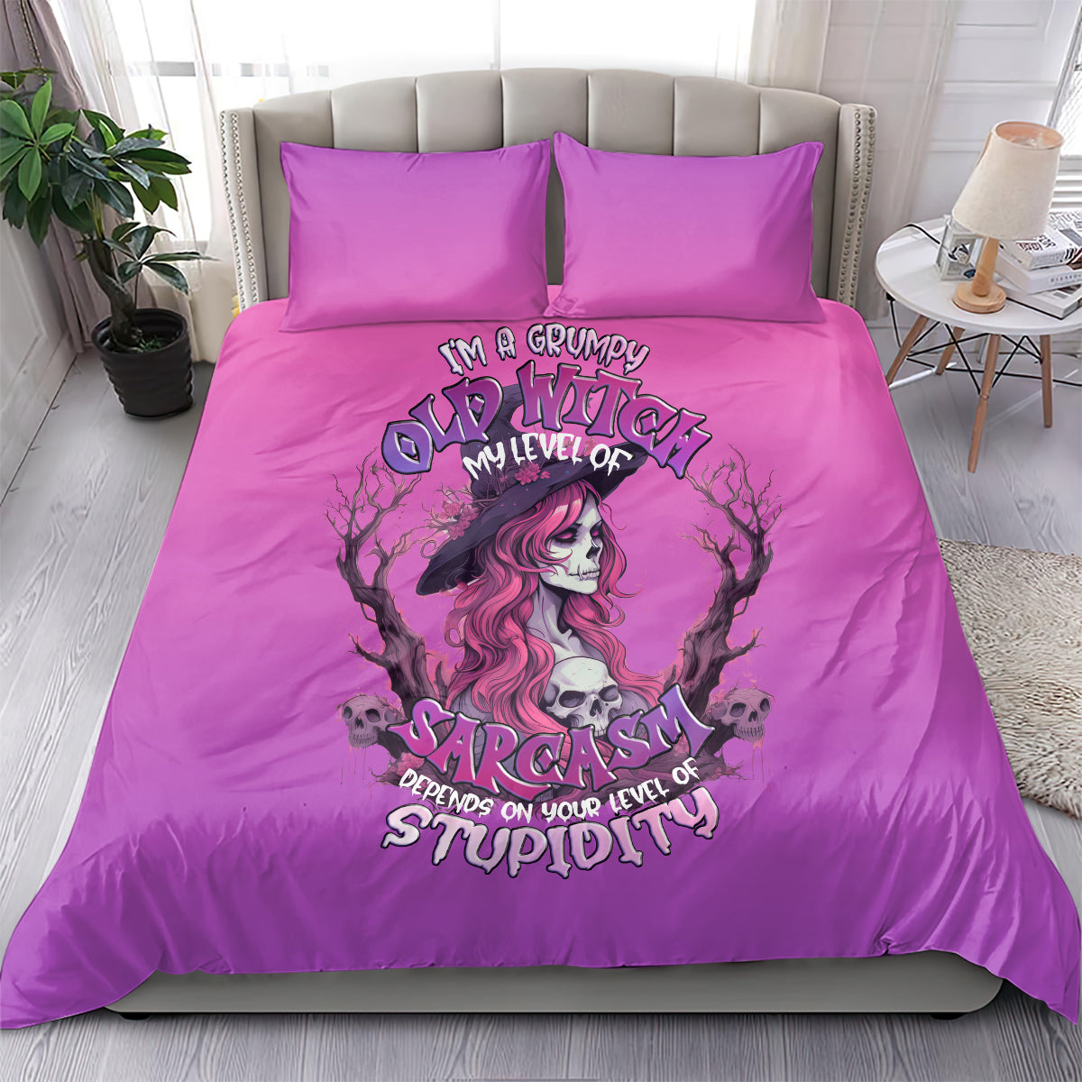 Purple witch skull duvet cover set with grumpy woman sarcasm graphic and matching pillowcases