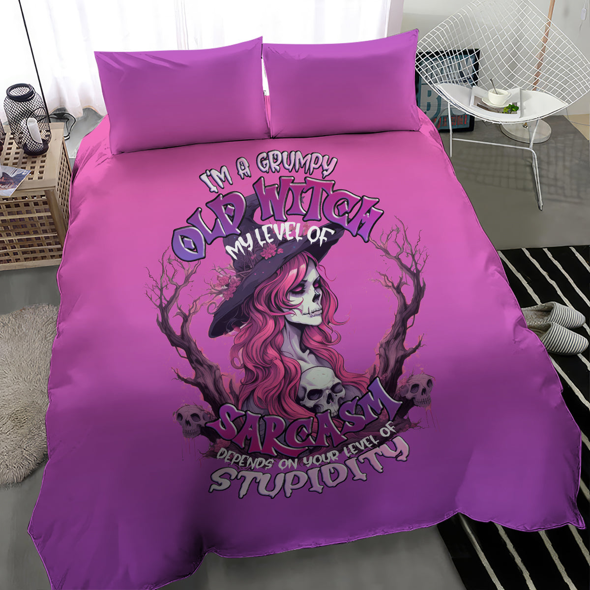 Purple bedding set with central witch-skull girl artwork, two matching pillowcases
