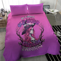 Purple bedding set with central witch-skull girl artwork, two matching pillowcases