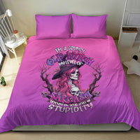 Purple duvet cover set with witch skull girl and bold sarcasm typography, matching pillowcases