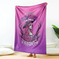 Purple Halloween witch skull blanket, witch portrait with skulls and sarcasm lettering