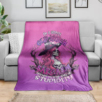 Purple Halloween witch skull blanket with grumpy witch face and sarcasm text graphic