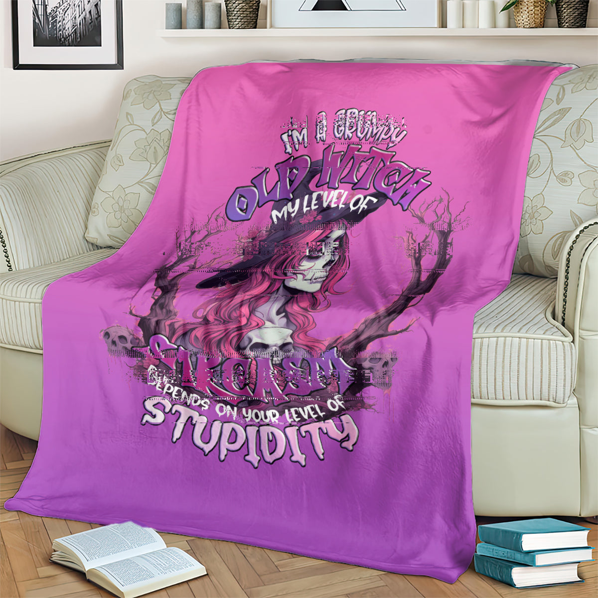 Purple Halloween witch skull blanket draped, featuring witch portrait and sarcasm text