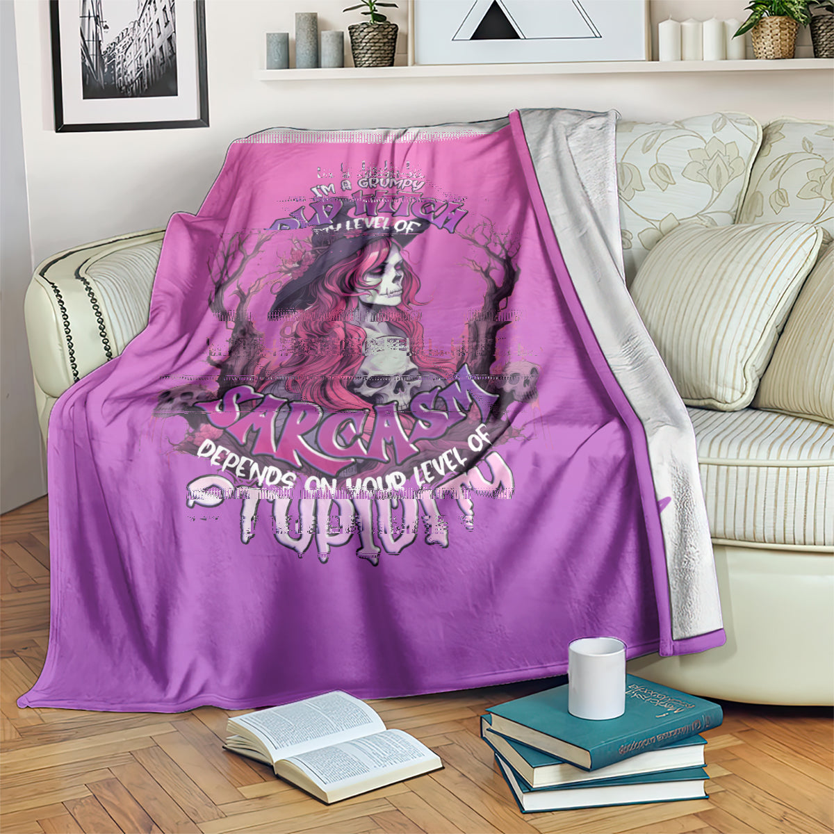 Purple Halloween witch skull blanket draped, skull and sarcasm typography across center