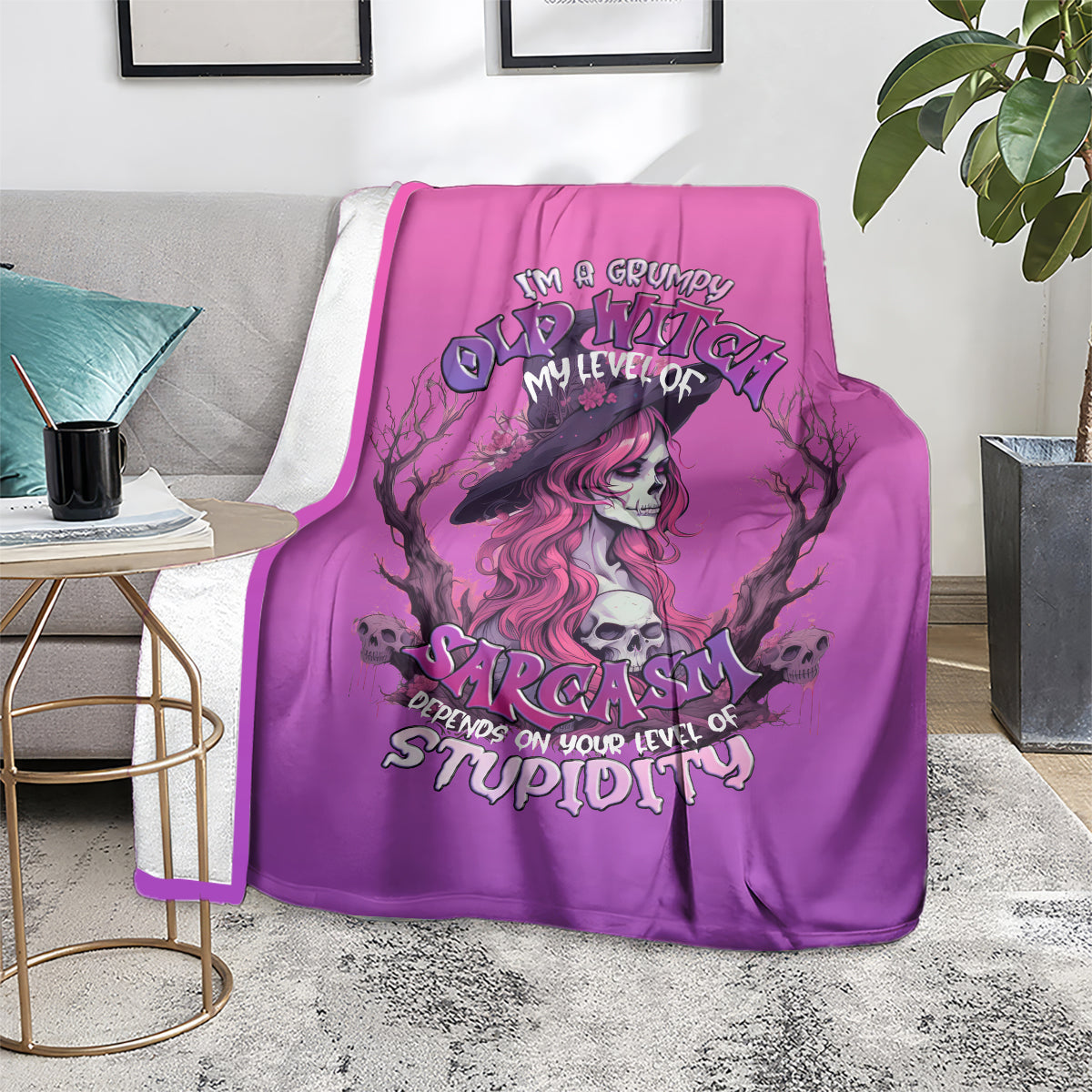 Purple Halloween witch skull blanket on sofa with witch portrait and sarcasm text