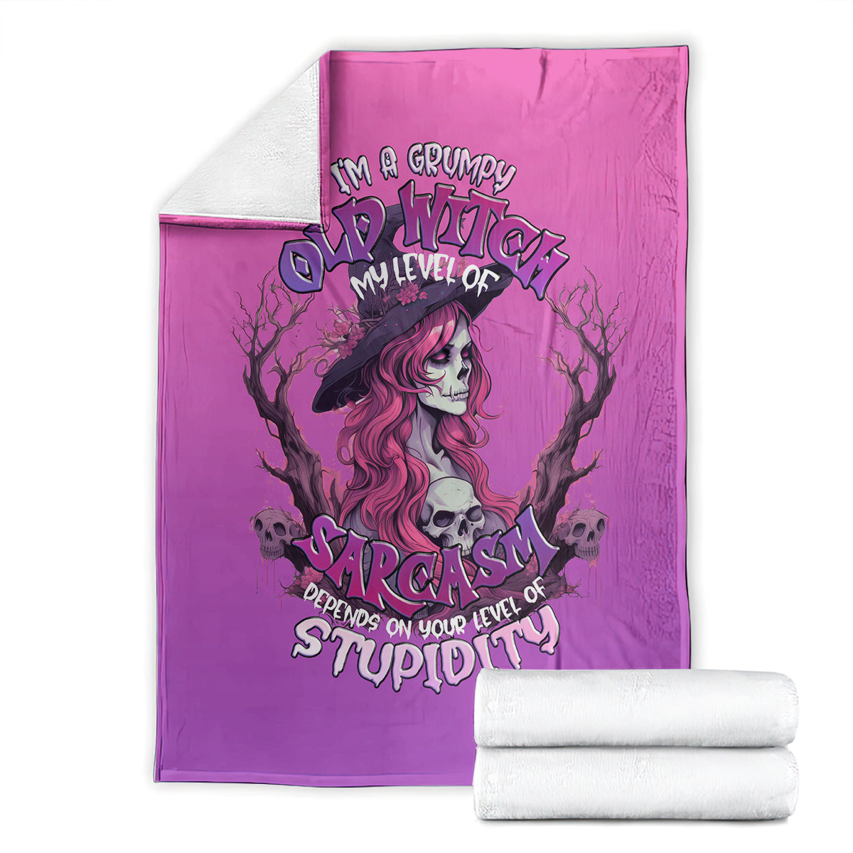 Purple Halloween witch skull blanket folded, witch portrait with skulls and sarcasm typography