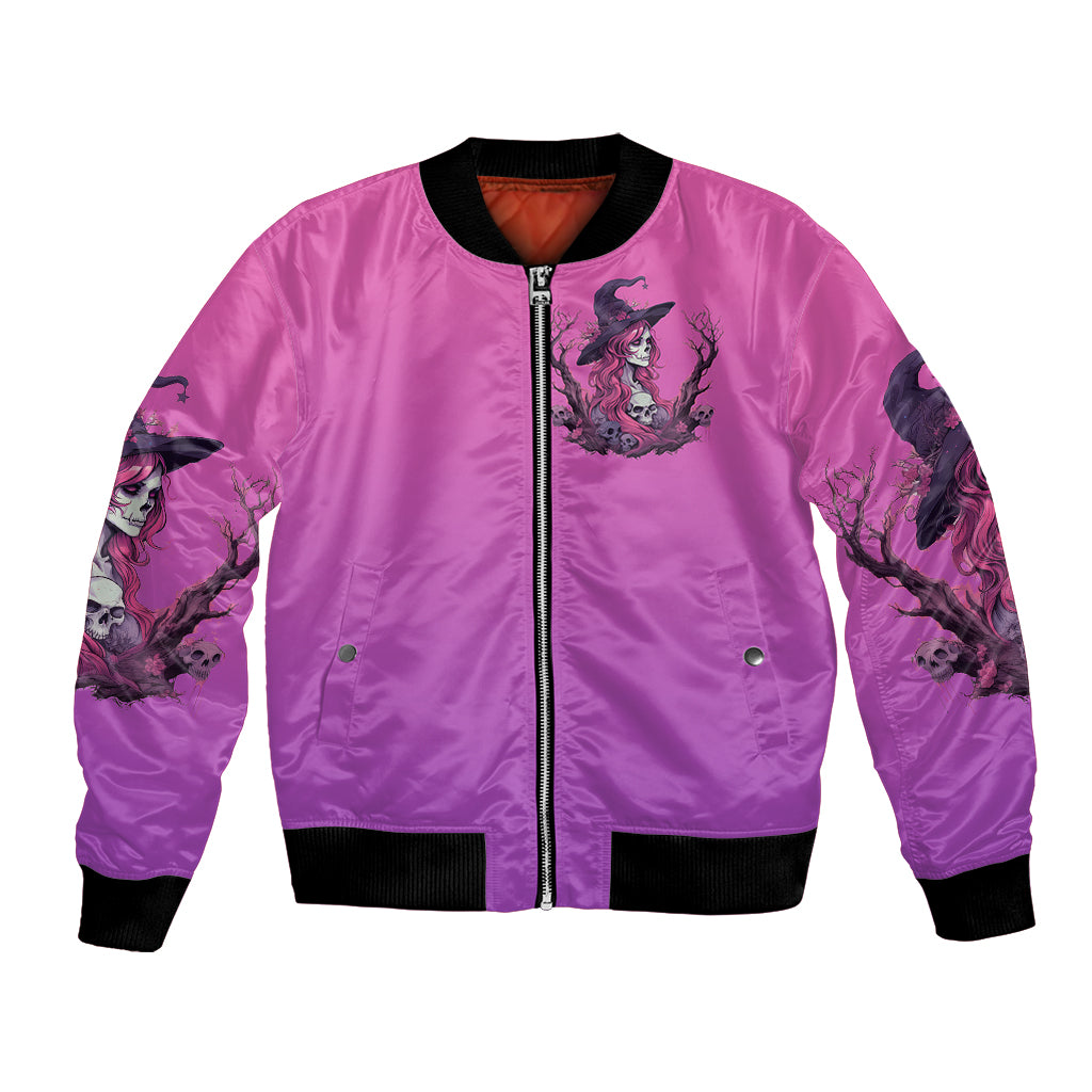 Pink unisex bomber jacket with front zipper and witch skull sleeve and chest graphics