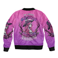 Pink unisex bomber jacket with black ribbed collar and witch skull back graphic