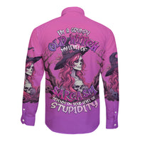 Pink long-sleeve button shirt, back graphic with witch skull and grumpy slogan