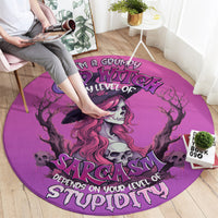 Pink round rug with witch skull graphic and bold 'Sarcasm' text