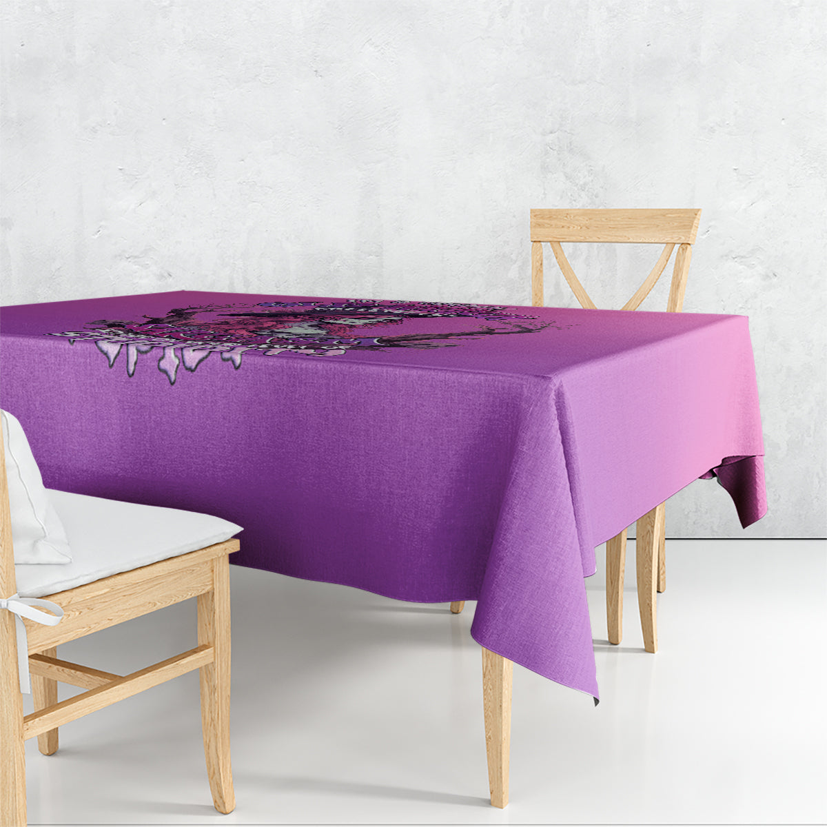 Purple square tablecloth with dark dripping skull witch graphic along the edge