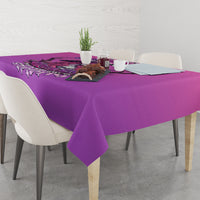 Purple rectangular tablecloth with skull witch graphic at the center and drips