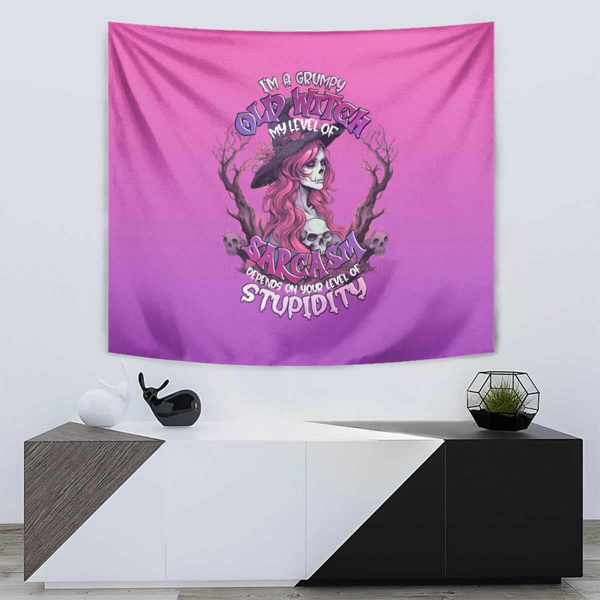 Pink witch skull tapestry with grumpy quote lettering and skull illustration