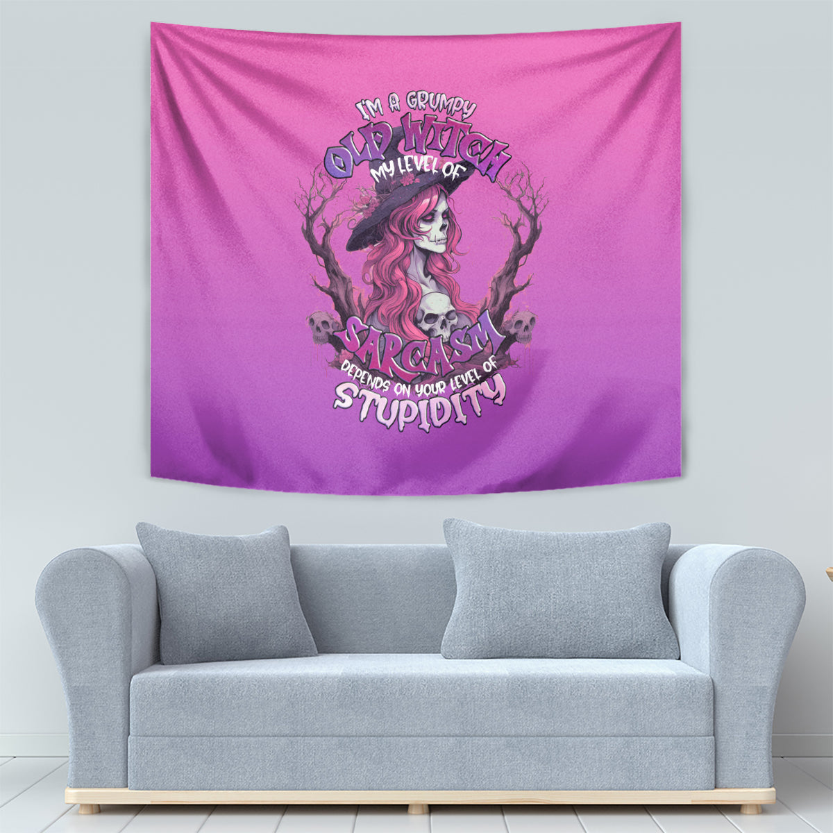Pink tapestry with grumpy witch skull artwork and stacked sarcastic text