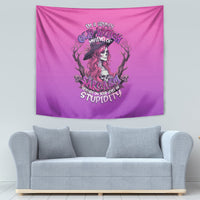 Pink tapestry with grumpy witch skull artwork and stacked sarcastic text