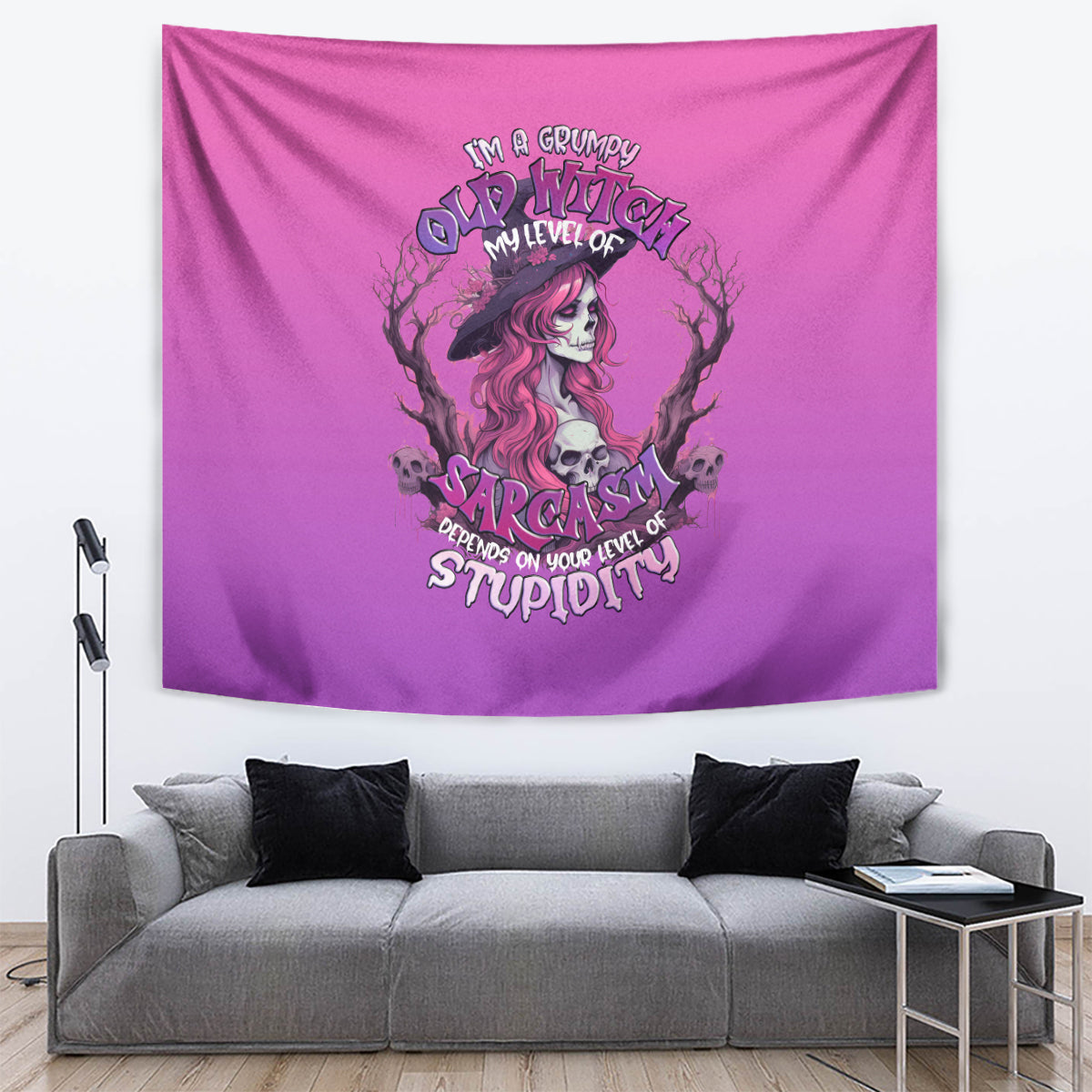 Pink witch skull wall tapestry with grumpy face and sarcasm quote lettering