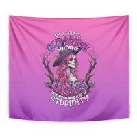 Pink close-up tapestry: grumpy witch skull graphic with sarcasm quote lettering